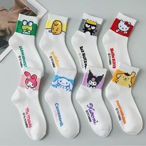New 8-Pairs Sanrio Hello Kitty, Kuromi & Cinnamoroll Anime Socks - Cute Chibi
